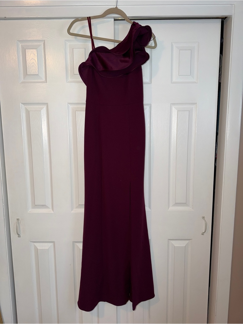 Adrianna Papell One-Shoulder Ruffled Evening Gown in Plum
